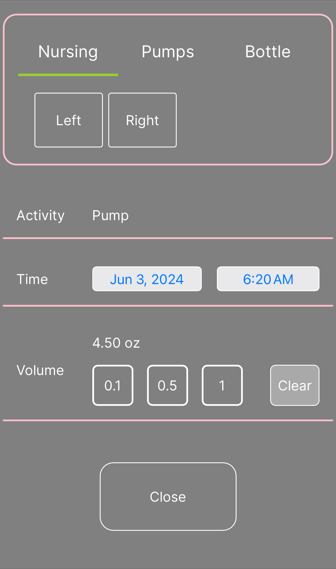 InfantTrack feeding tracker interface